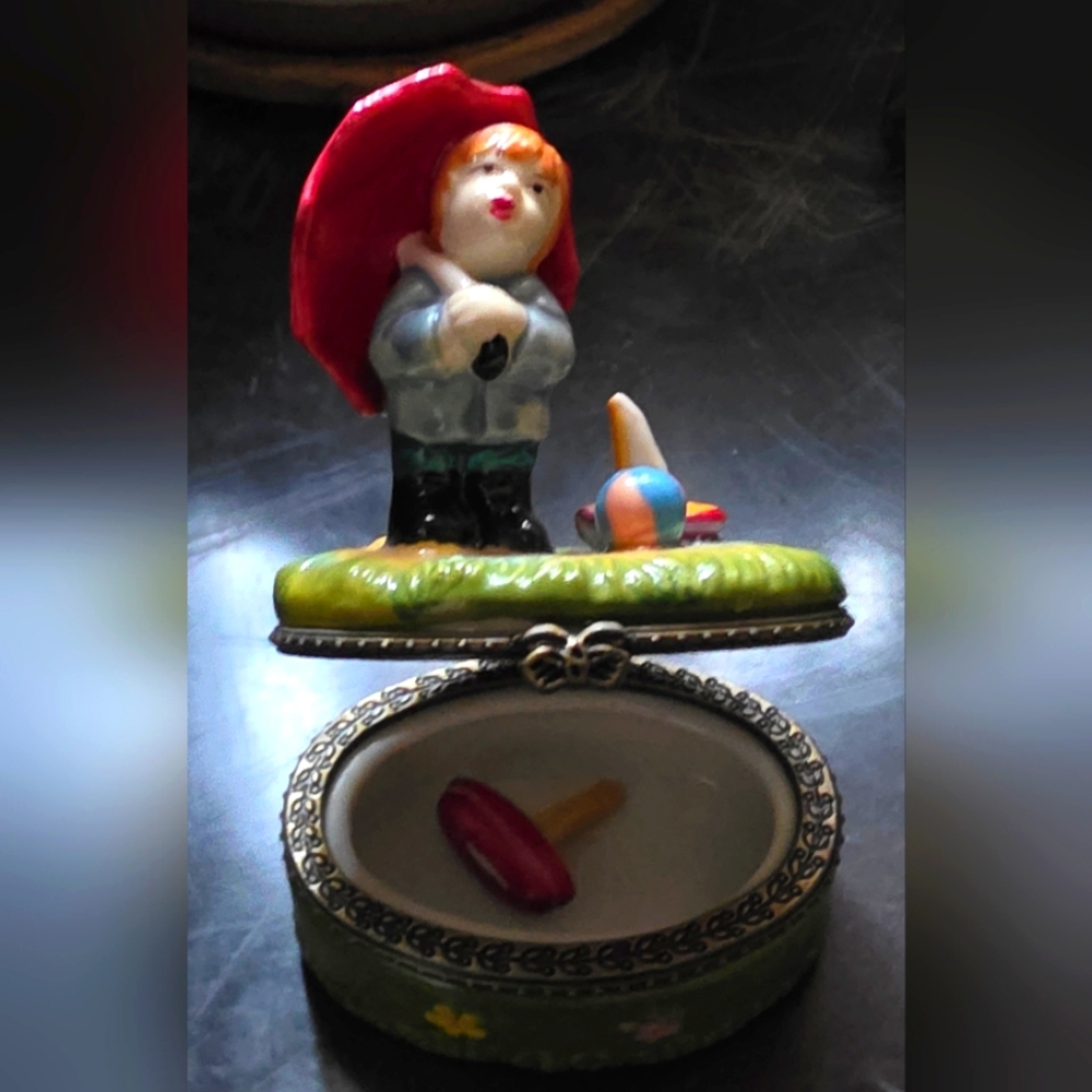 Trinket Box Kid With Umbrella Surprise Inside Ceramic 3.25x 2.5"